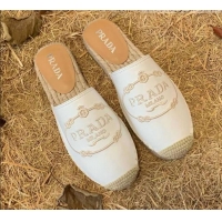 Top Quality Prada Lambskin Logo Embroidered Espadrille Mules 081305 White 2021