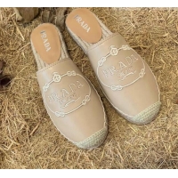 Super Quality Prada Lambskin Logo Embroidered Espadrille Mules 081305 Beige 2021