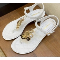 Low Cost Chanel Lambskin Flat Thong Sandals with Coin Charm 060905 White