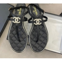 Top Quality Chanel Lambskin Flat Thong Sandals with Pearl CC Charm G37384 Black 2021