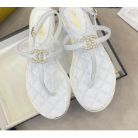 New Design Chanel Lambskin Flat Thong Sandals with Pearl CC Charm G37384 White 2021