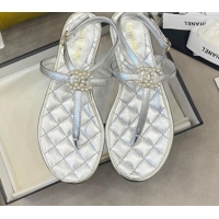 Super Quality Chanel Lambskin Flat Thong Sandals with Pearl CC Charm G37384 Silver 2021