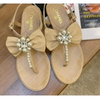 Trendy Design Chanel Lambskin Flat Thong Sandals with Pearl Bow 060912 Beige 2021