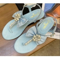 Perfect Chanel Lambskin Flat Thong Sandals with Pearl Bow 060912 Blue 2021