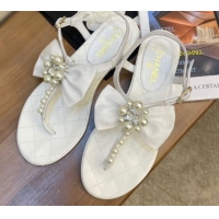 Popular Chanel Lambskin Flat Thong Sandals with Pearl Bow 060915 White 2021