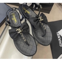 Best Luxury Chanel Lambskin Flat Thong Sandals with Chain Bow 060917 Black/Gold 2021