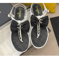 Good Quality Chanel Lambskin Flat Thong Sandals with Chain Bow 060917 Black/White 2021