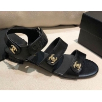 Luxury Chanel Lambskin Logo Strap Flat Sandals G37387 Black