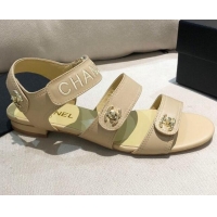 Top Quality Chanel Lambskin Logo Strap Flat Sandals G37387 Apricot 2021