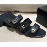 Well Crafted Chanel Lambskin Logo Strap Mules Sandals G37387 Black 2021