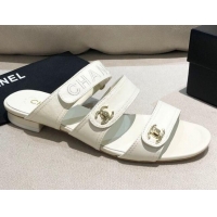 Cute Chanel Lambskin Logo Strap Mules Sandals G37387 White 2021