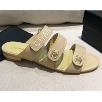 Super Quality Chanel Lambskin Logo Strap Mules Sandals G37387 Apricot 2021