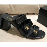 New Style Chanel Shiny Lambskin Heel Mule Sandals G37387 Black 2021