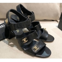 Perfect Chanel Shiny Lambskin Heel Sandals 8cm G37387 Black 2021