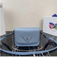 Wholesale Prada Small brushed leather shoulder bag 1BA263 sky blue