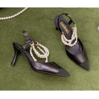 Best Design Chanel Lambskin Slingbacks With Heel Imitation Pearls G37532 Black