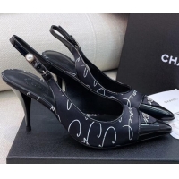 Good Quality Chanel Vintage Silk Print Slingback Pumps 8cm 070831 Black 2021