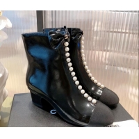 New Style Chanel Shiny Calfskin Short Ankle Boots with Pearl and Bow G37206 Black 2021