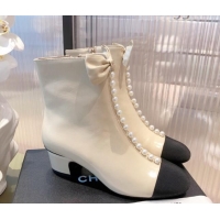 Low Price Chanel Shiny Calfskin Short Ankle Boots with Pearl and Bow G37206 Apricot 2021