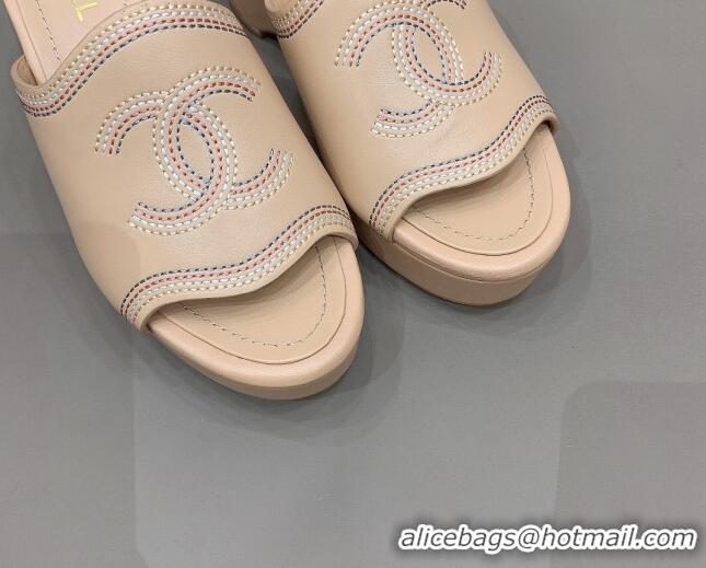 Shop Duplicate Chanel CC Calfskin Wedge Slide Sandals 8.5cm 071365 Apricot 2021