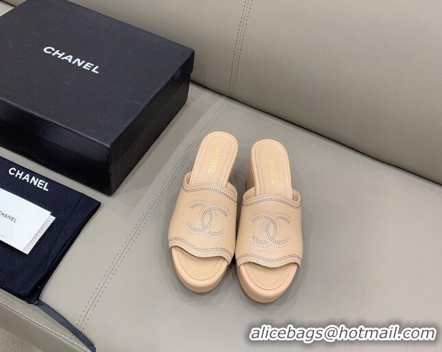 Shop Duplicate Chanel CC Calfskin Wedge Slide Sandals 8.5cm 071365 Apricot 2021