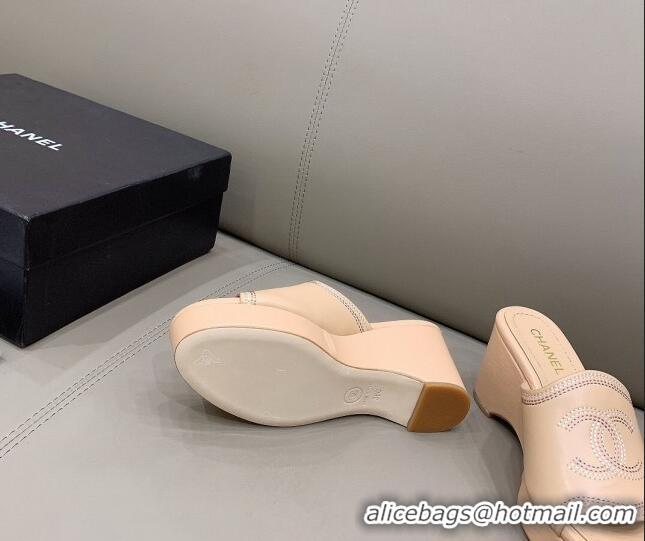 Shop Duplicate Chanel CC Calfskin Wedge Slide Sandals 8.5cm 071365 Apricot 2021