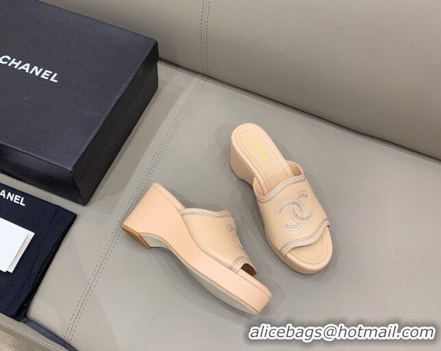 Shop Duplicate Chanel CC Calfskin Wedge Slide Sandals 8.5cm 071365 Apricot 2021