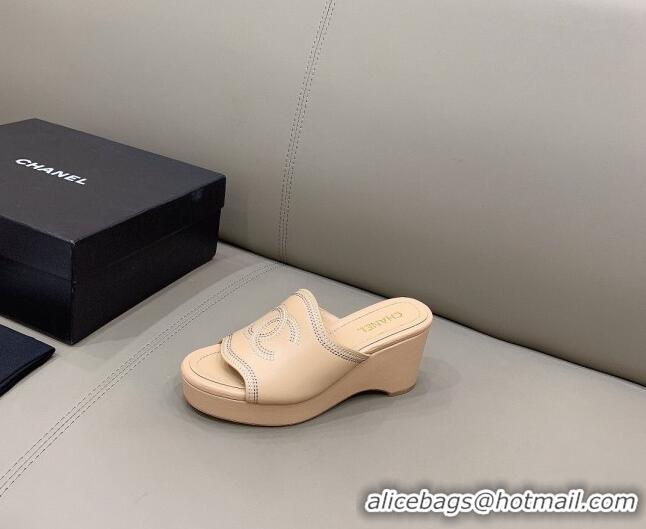 Shop Duplicate Chanel CC Calfskin Wedge Slide Sandals 8.5cm 071365 Apricot 2021