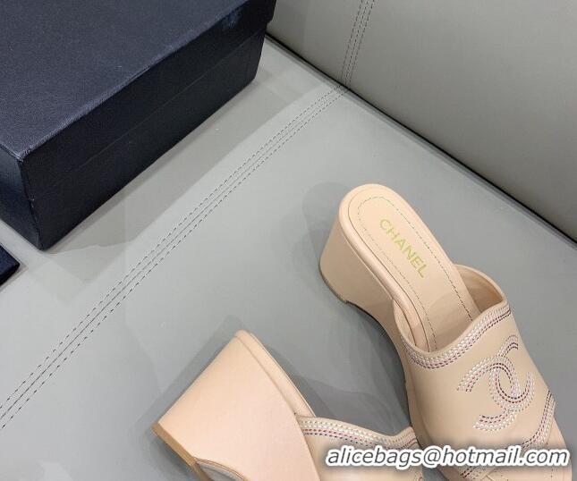 Shop Duplicate Chanel CC Calfskin Wedge Slide Sandals 8.5cm 071365 Apricot 2021