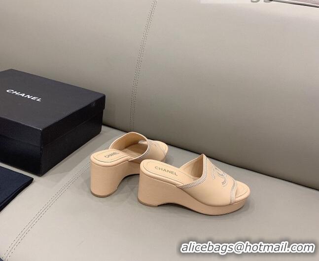 Shop Duplicate Chanel CC Calfskin Wedge Slide Sandals 8.5cm 071365 Apricot 2021