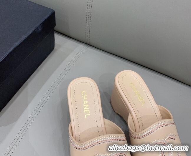 Shop Duplicate Chanel CC Calfskin Wedge Slide Sandals 8.5cm 071365 Apricot 2021