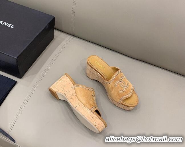 Famous Brand Chanel CC Suede Wedge Slide Sandals 8.5cm 071365 Brown 2021