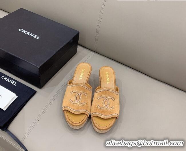 Famous Brand Chanel CC Suede Wedge Slide Sandals 8.5cm 071365 Brown 2021