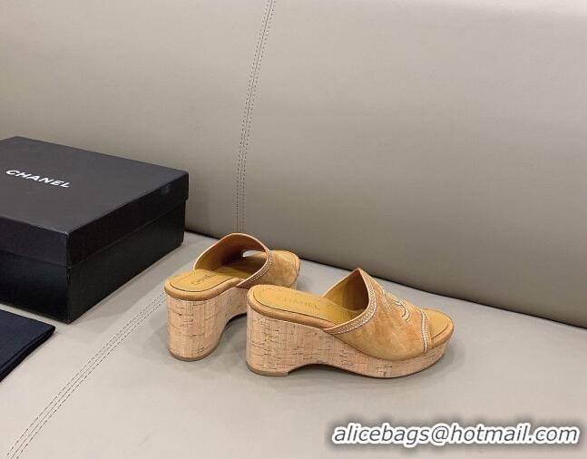 Famous Brand Chanel CC Suede Wedge Slide Sandals 8.5cm 071365 Brown 2021