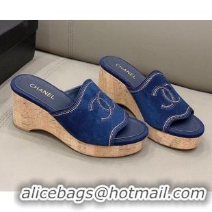 Top Quality Chanel CC Suede Wedge Slide Sandals 8.5cm 071365 Blue 2021