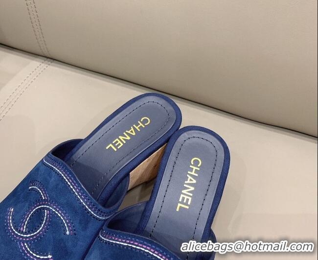 Top Quality Chanel CC Suede Wedge Slide Sandals 8.5cm 071365 Blue 2021