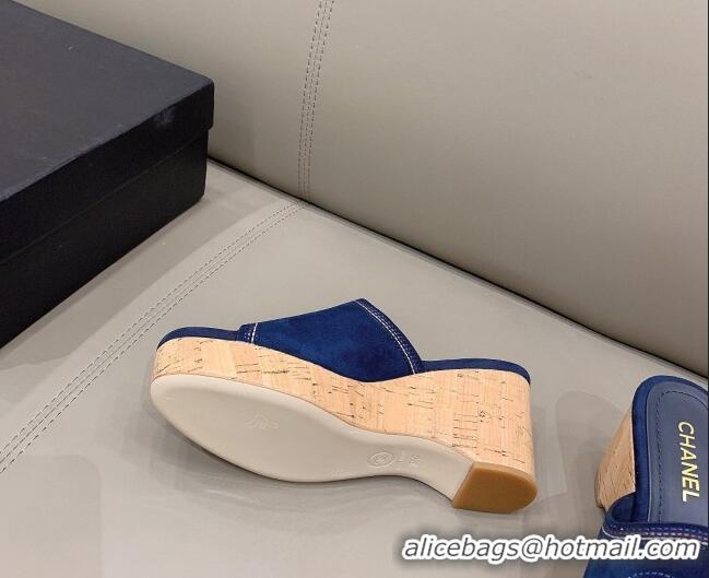 Top Quality Chanel CC Suede Wedge Slide Sandals 8.5cm 071365 Blue 2021