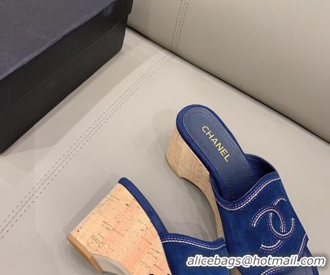 Top Quality Chanel CC Suede Wedge Slide Sandals 8.5cm 071365 Blue 2021