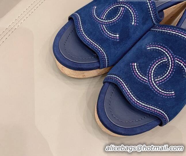 Top Quality Chanel CC Suede Wedge Slide Sandals 8.5cm 071365 Blue 2021