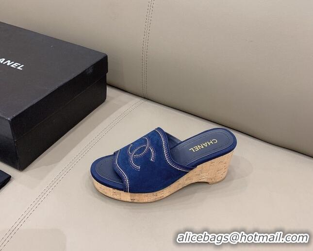 Top Quality Chanel CC Suede Wedge Slide Sandals 8.5cm 071365 Blue 2021