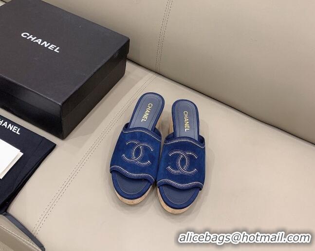 Top Quality Chanel CC Suede Wedge Slide Sandals 8.5cm 071365 Blue 2021