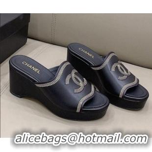 Popular Chanel CC Calfskin Wedge Slide Sandals 8.5cm 071368 Black 2021