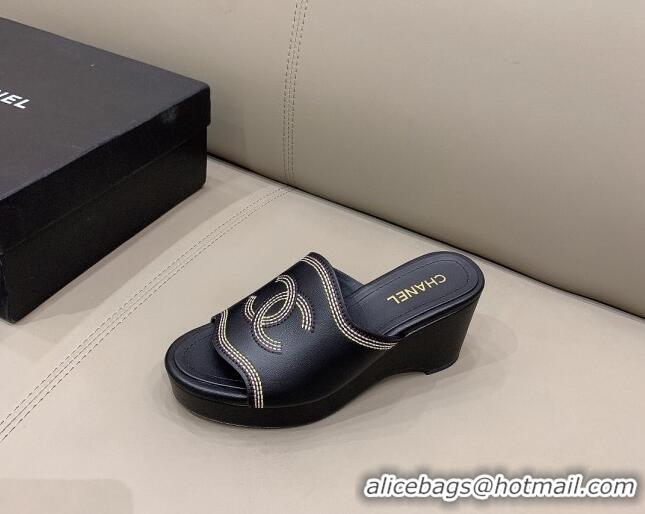 Popular Chanel CC Calfskin Wedge Slide Sandals 8.5cm 071368 Black 2021