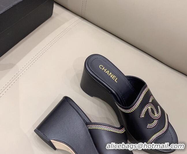 Popular Chanel CC Calfskin Wedge Slide Sandals 8.5cm 071368 Black 2021