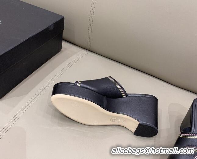 Popular Chanel CC Calfskin Wedge Slide Sandals 8.5cm 071368 Black 2021