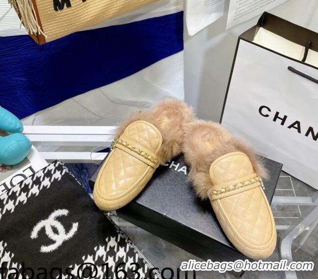 Discount Chanel Lambskin Wool Flat Mules 080908 Apricot 2021