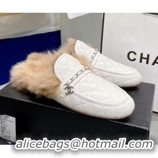 Best Quality Chanel Lambskin Wool Flat Mules 080908 White 2021