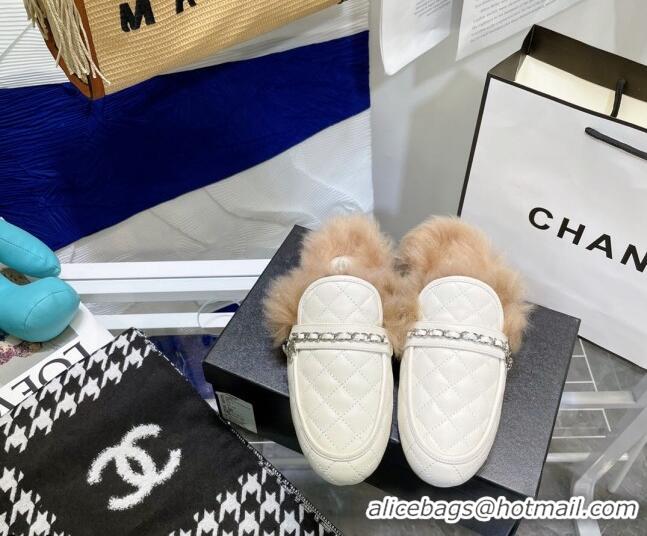 Best Quality Chanel Lambskin Wool Flat Mules 080908 White 2021