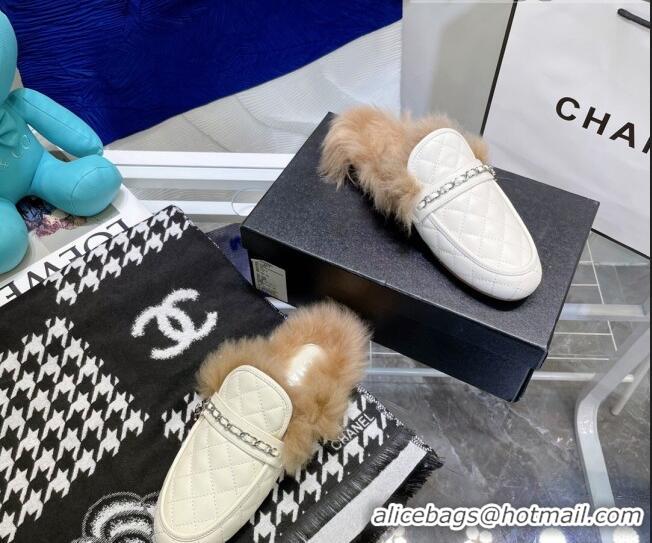 Best Quality Chanel Lambskin Wool Flat Mules 080908 White 2021