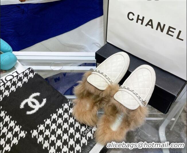 Best Quality Chanel Lambskin Wool Flat Mules 080908 White 2021